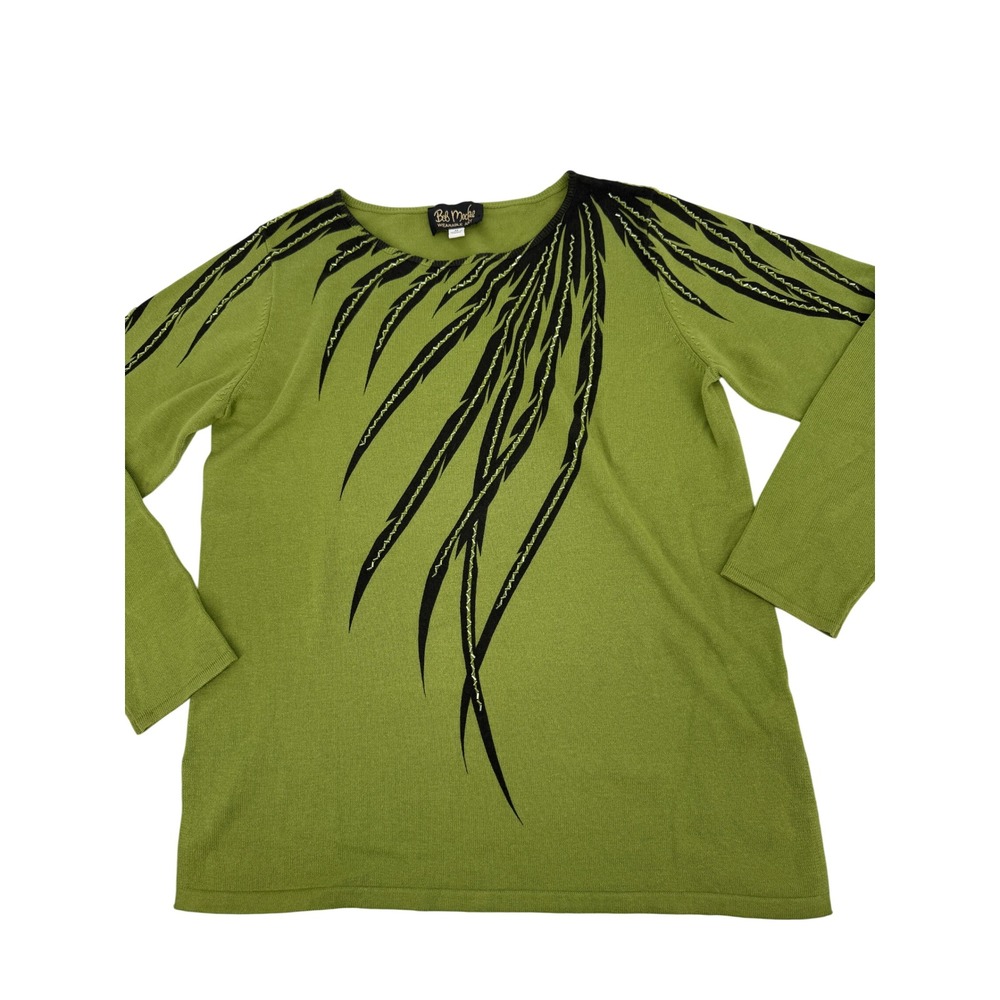 Bob Mackie Wearable Art Sweater Womens Medium Green Beaded Feather Graphic Knit